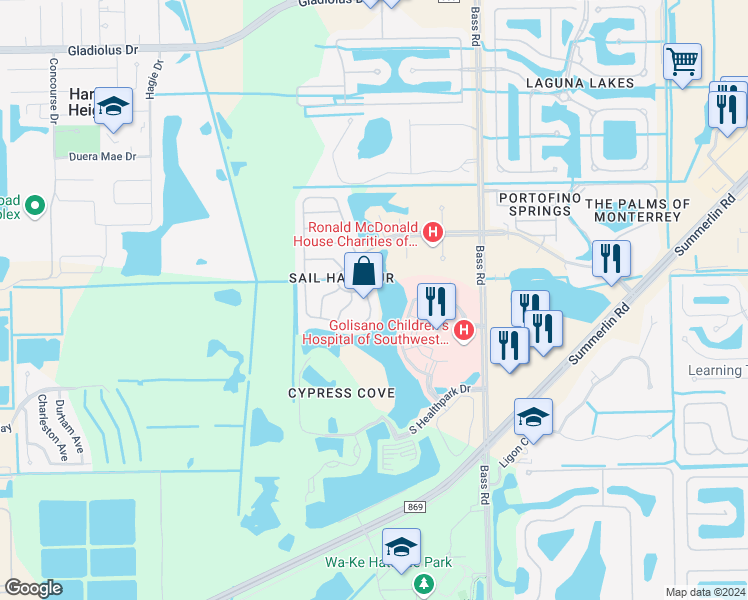 map of restaurants, bars, coffee shops, grocery stores, and more near 16191 Via Solera Circle in Fort Myers