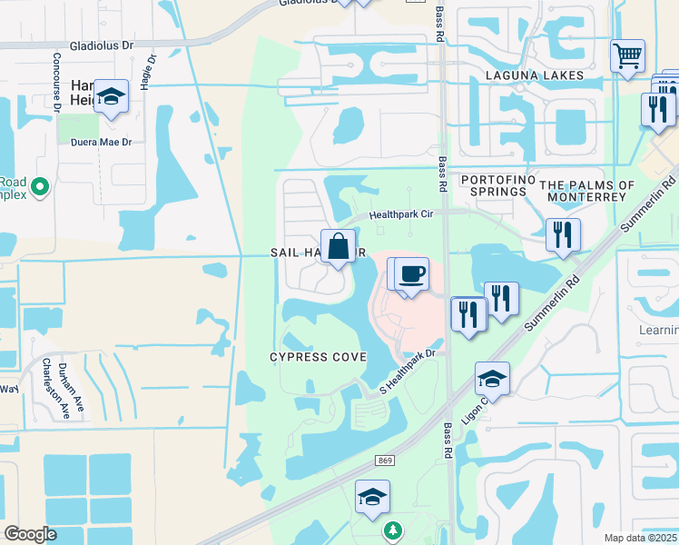 map of restaurants, bars, coffee shops, grocery stores, and more near 16191 Via Solera Circle in Fort Myers