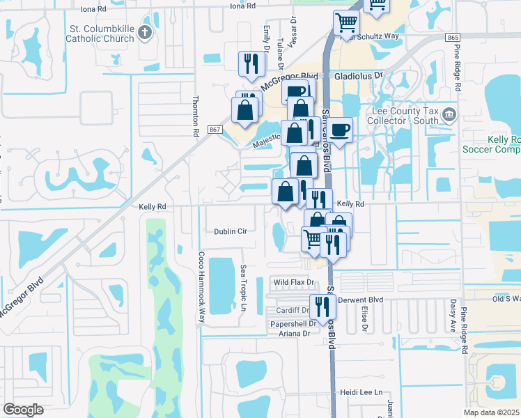 map of restaurants, bars, coffee shops, grocery stores, and more near 16335 Dublin Circle in Fort Myers