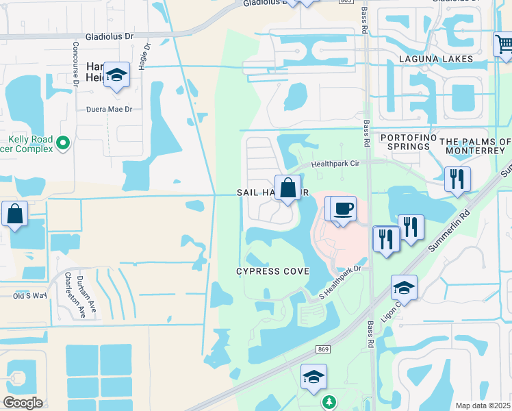map of restaurants, bars, coffee shops, grocery stores, and more near 16165 Via Solera Circle in Fort Myers