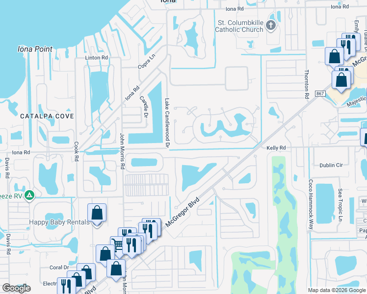 map of restaurants, bars, coffee shops, grocery stores, and more near 15893 Gleneagle Court in Fort Myers