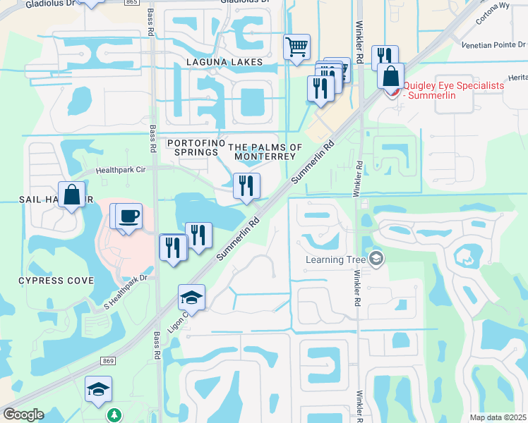 map of restaurants, bars, coffee shops, grocery stores, and more near County Road 869 in Fort Myers
