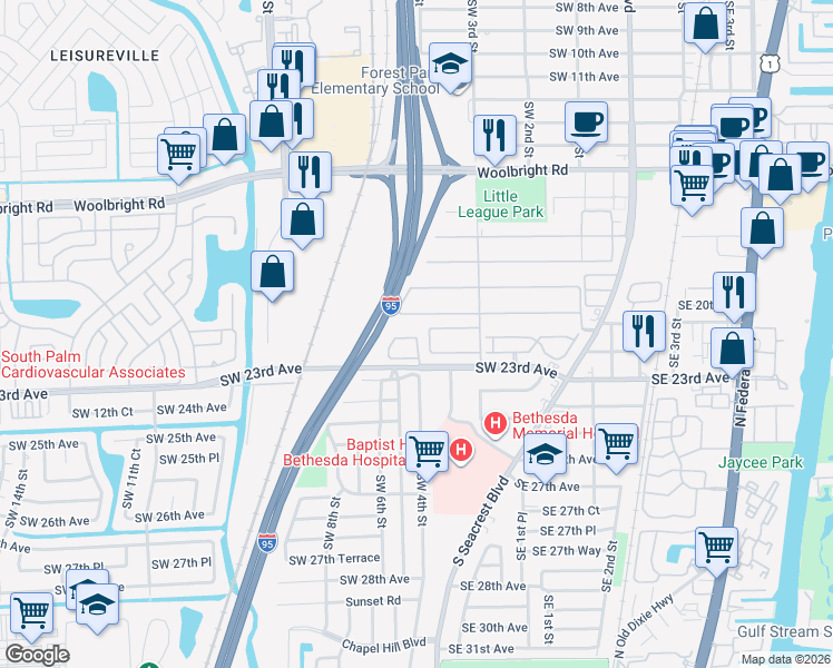 map of restaurants, bars, coffee shops, grocery stores, and more near 11 Bethesda Park Circle in Boynton Beach