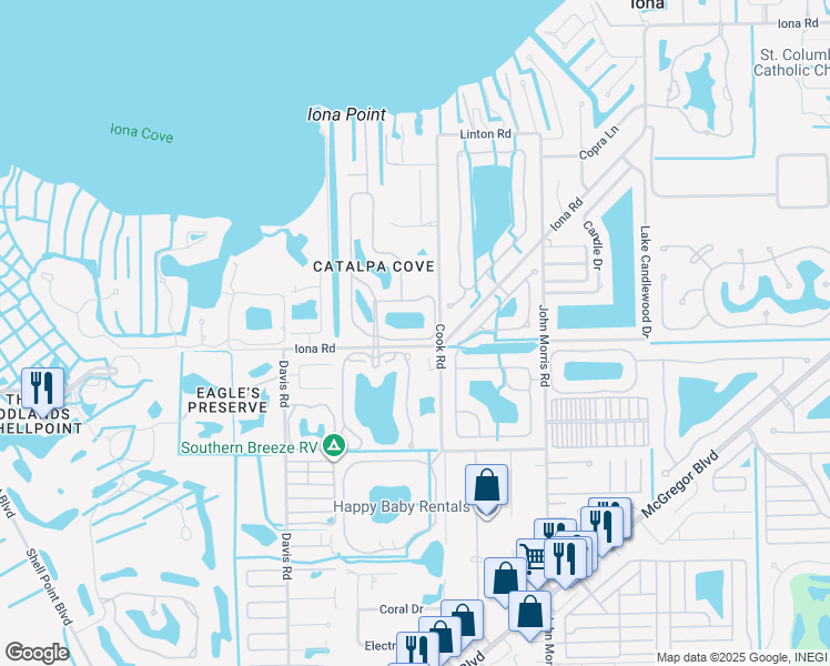 map of restaurants, bars, coffee shops, grocery stores, and more near 13551 China Berry Way in Fort Myers