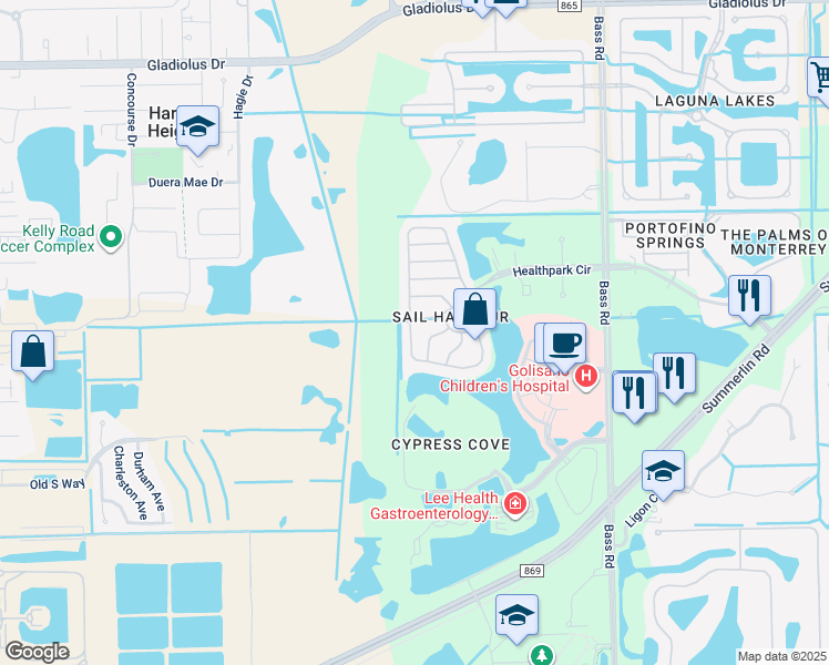 map of restaurants, bars, coffee shops, grocery stores, and more near 9810 Healthpark Circle in Fort Myers