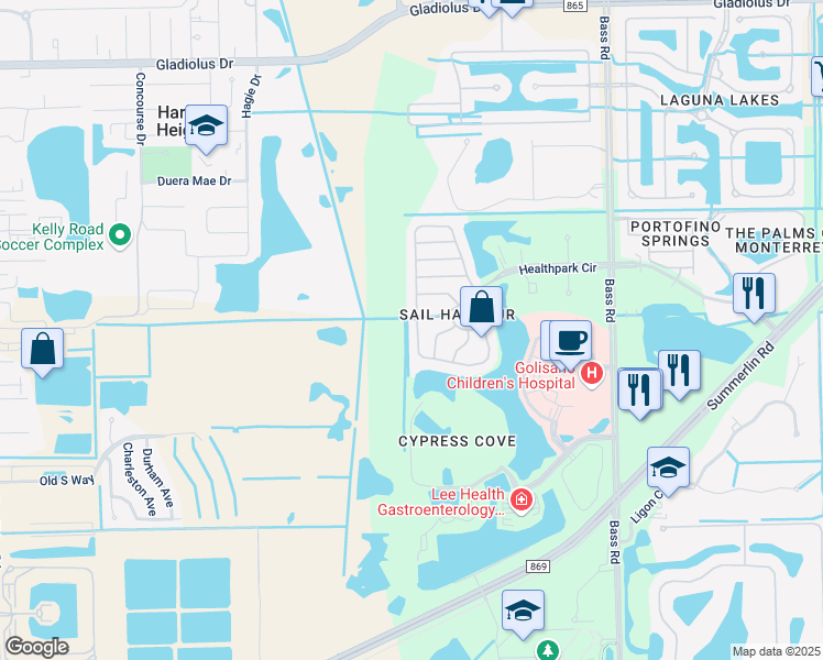 map of restaurants, bars, coffee shops, grocery stores, and more near 16122 Via Solera Circle in Fort Myers