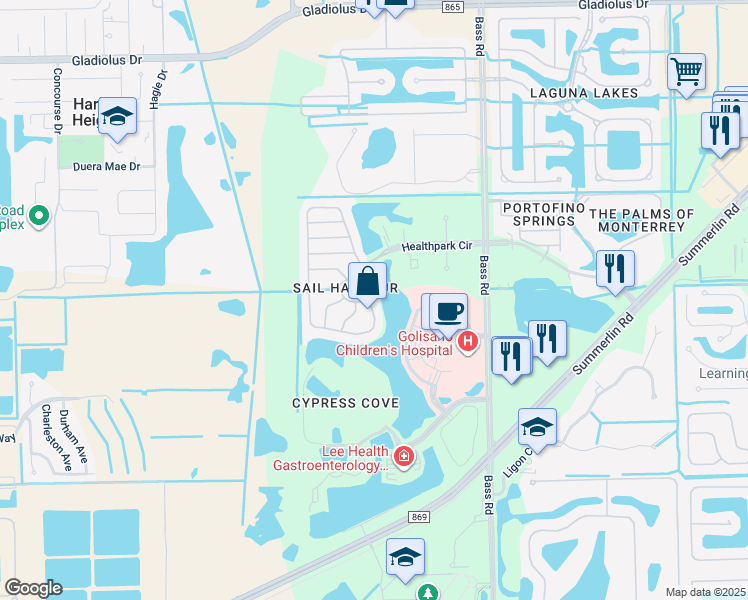 map of restaurants, bars, coffee shops, grocery stores, and more near 16228 Via Solera Circle in Fort Myers