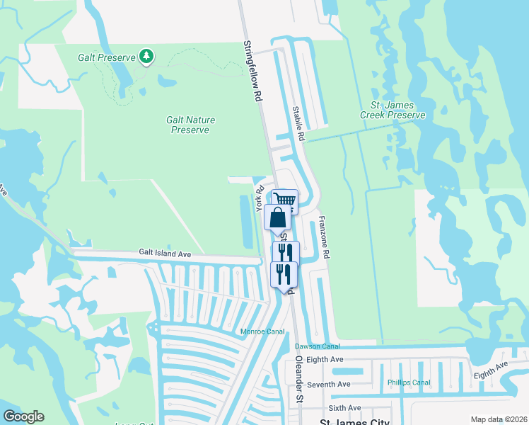 map of restaurants, bars, coffee shops, grocery stores, and more near 3410 York Road in Saint James City
