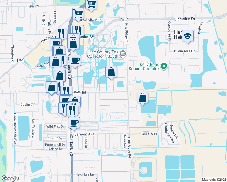 map of restaurants, bars, coffee shops, grocery stores, and more near 15665 Beachcomber Avenue in Fort Myers
