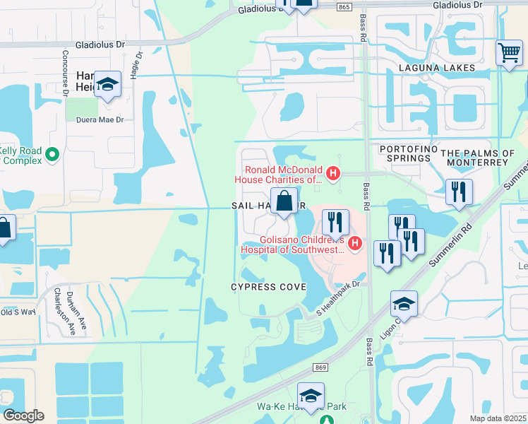 map of restaurants, bars, coffee shops, grocery stores, and more near 9810 Healthpark Circle in Fort Myers