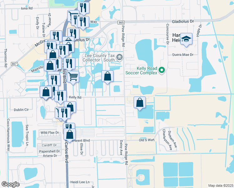 map of restaurants, bars, coffee shops, grocery stores, and more near 15950 Pine Ridge Road in Fort Myers