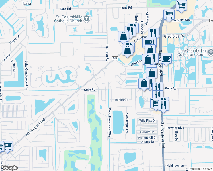 map of restaurants, bars, coffee shops, grocery stores, and more near 15998 Mandolin Bay Drive in Fort Myers