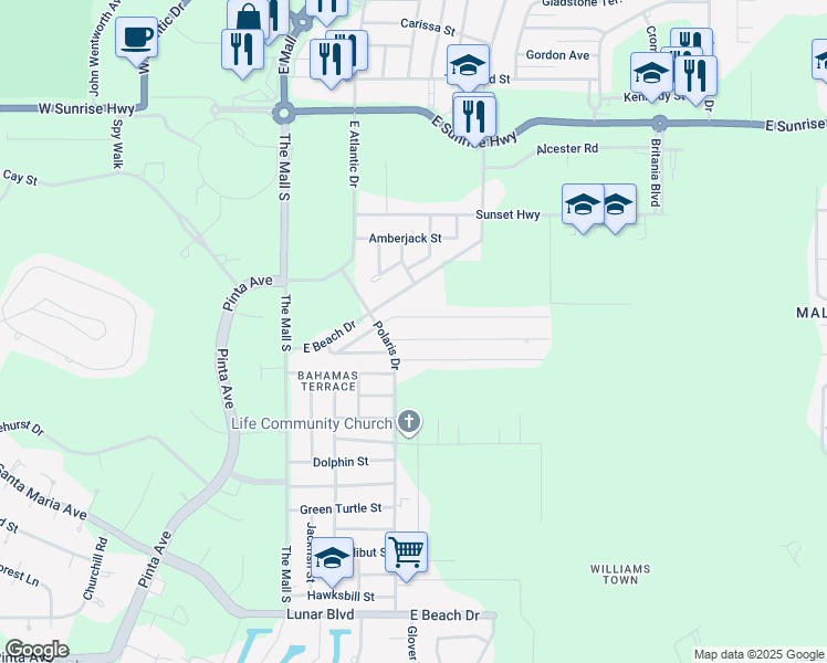 map of restaurants, bars, coffee shops, grocery stores, and more near East Beach Drive in Freeport