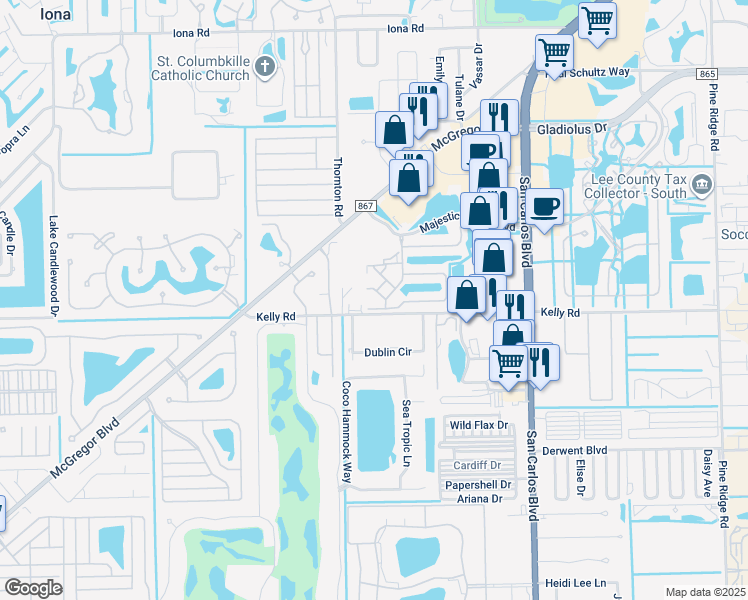 map of restaurants, bars, coffee shops, grocery stores, and more near 11960 Kelly Road in Fort Myers