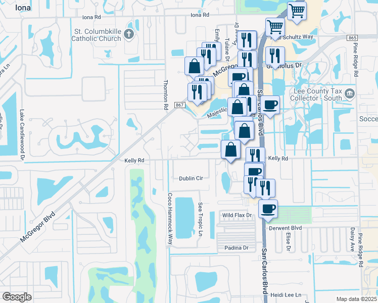 map of restaurants, bars, coffee shops, grocery stores, and more near 1601 Navarro Way in Fort Myers