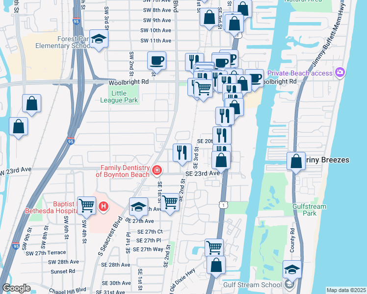 map of restaurants, bars, coffee shops, grocery stores, and more near 305 Southeast 21st Avenue in Boynton Beach