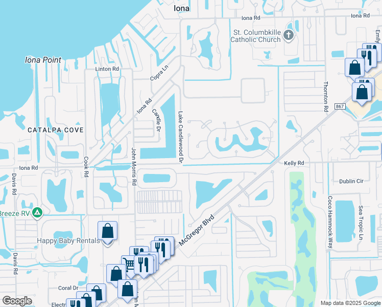 map of restaurants, bars, coffee shops, grocery stores, and more near 15893 Gleneagle Court in Fort Myers