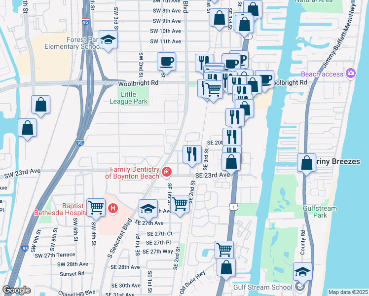 map of restaurants, bars, coffee shops, grocery stores, and more near 2180 Southeast 1st Street in Boynton Beach
