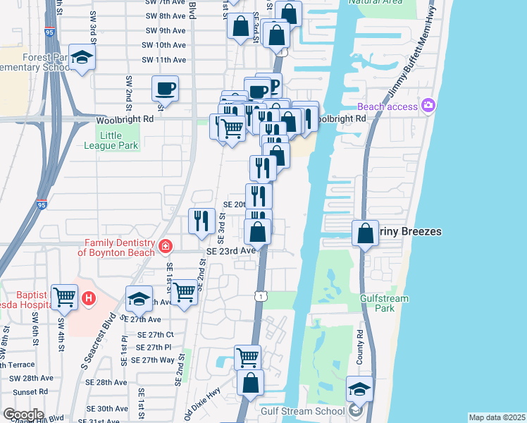map of restaurants, bars, coffee shops, grocery stores, and more near 2015 U.S. 1 in Boynton Beach