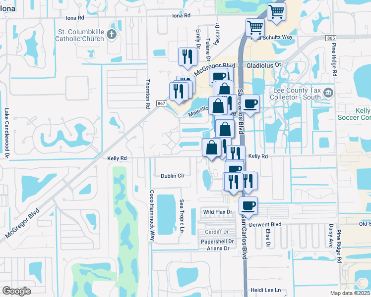 map of restaurants, bars, coffee shops, grocery stores, and more near 11611 Navarro Way in Fort Myers