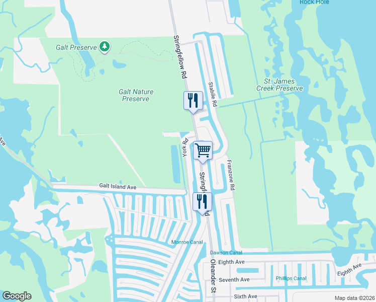 map of restaurants, bars, coffee shops, grocery stores, and more near 3410 York Road in Saint James City