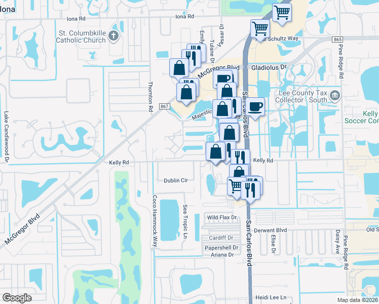 map of restaurants, bars, coffee shops, grocery stores, and more near 1601 Navarro Way in Fort Myers