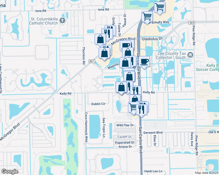 map of restaurants, bars, coffee shops, grocery stores, and more near 11611 Navarro Way in Fort Myers