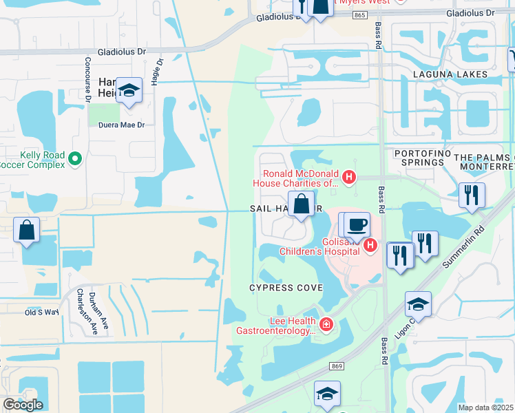 map of restaurants, bars, coffee shops, grocery stores, and more near 16122 Via Solera Circle in Fort Myers
