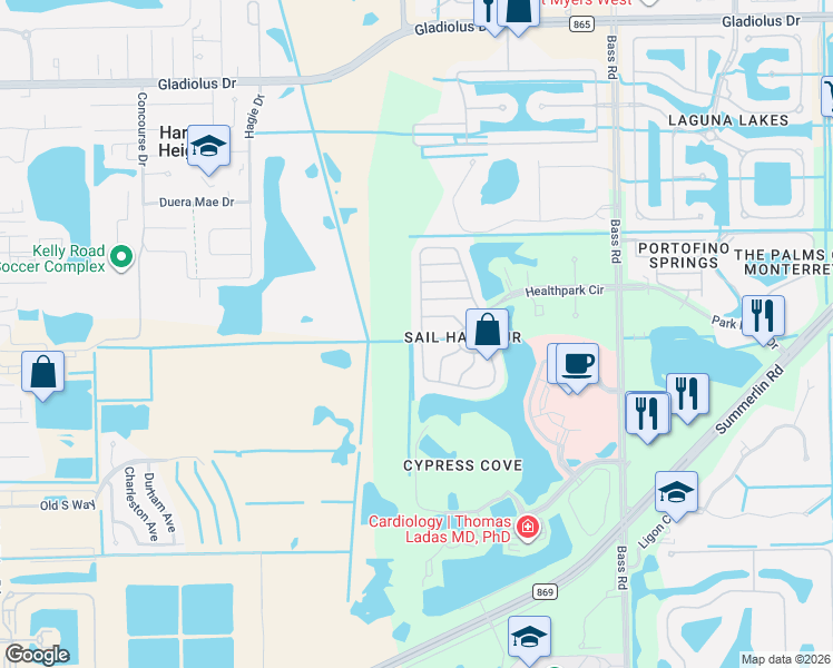 map of restaurants, bars, coffee shops, grocery stores, and more near 16122 Via Solera Circle in Fort Myers
