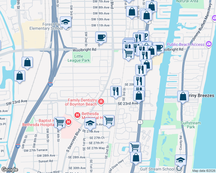 map of restaurants, bars, coffee shops, grocery stores, and more near 2180 Southeast 1st Street in Boynton Beach
