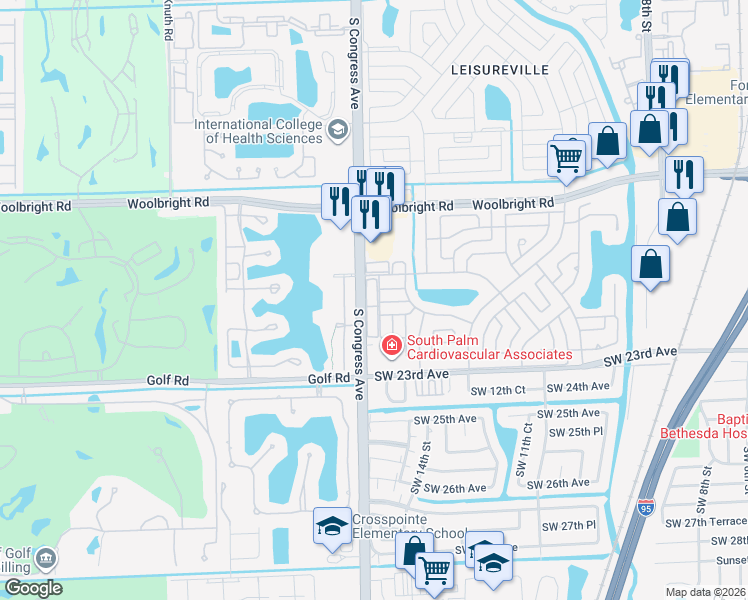 map of restaurants, bars, coffee shops, grocery stores, and more near 1970 Southwest 24th Circle in Boynton Beach