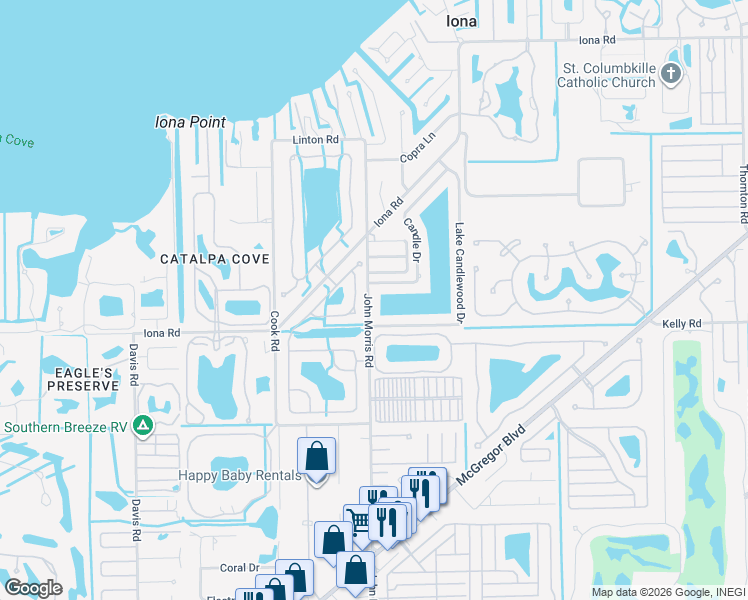 map of restaurants, bars, coffee shops, grocery stores, and more near 15941 John Morris Road in Fort Myers