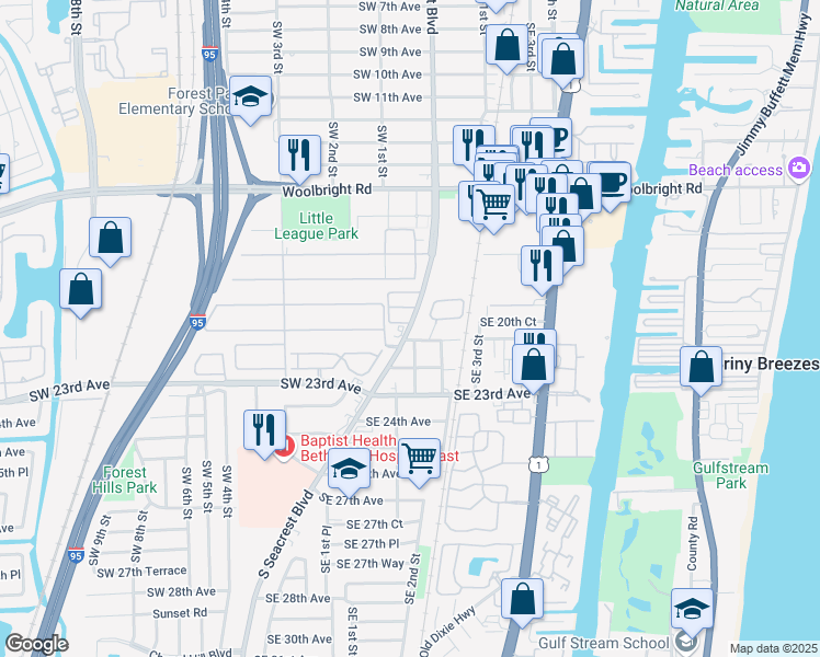 map of restaurants, bars, coffee shops, grocery stores, and more near 2182 South Seacrest Boulevard in Boynton Beach