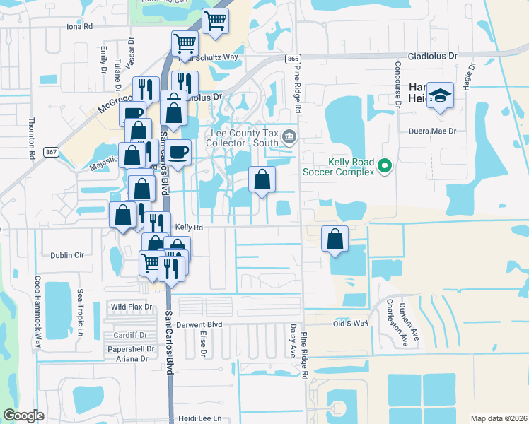 map of restaurants, bars, coffee shops, grocery stores, and more near 15665 Beachcomber Avenue in Fort Myers
