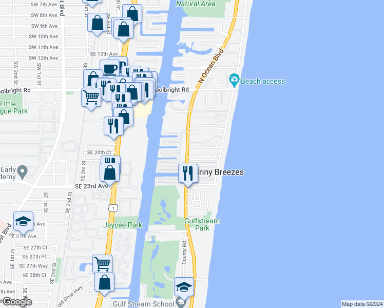 map of restaurants, bars, coffee shops, grocery stores, and more near Oceanview Drive in Boynton Beach