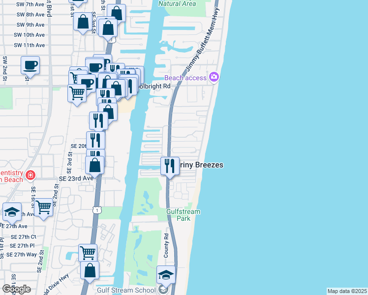 map of restaurants, bars, coffee shops, grocery stores, and more near Oceanview Drive in Ocean Ridge