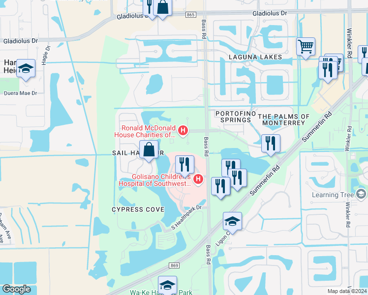 map of restaurants, bars, coffee shops, grocery stores, and more near 16150 Roserush Court in Fort Myers
