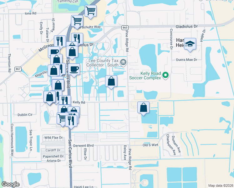 map of restaurants, bars, coffee shops, grocery stores, and more near 15665 Beachcomber Avenue in Fort Myers