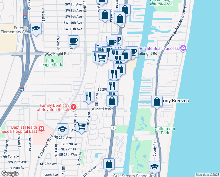 map of restaurants, bars, coffee shops, grocery stores, and more near 505 Southeast 21st Avenue in Boynton Beach