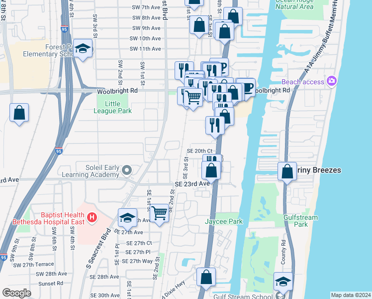 map of restaurants, bars, coffee shops, grocery stores, and more near 2109 Southeast 3rd Street in Boynton Beach