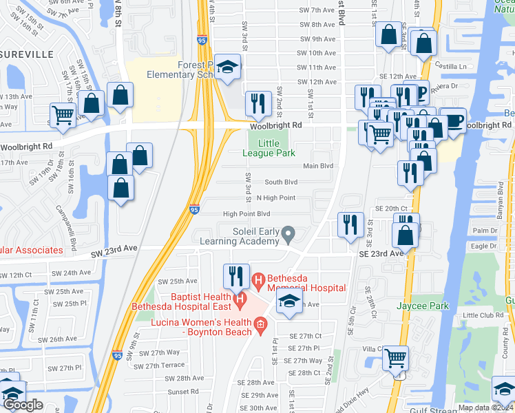 map of restaurants, bars, coffee shops, grocery stores, and more near 190 High Point Boulevard in Boynton Beach