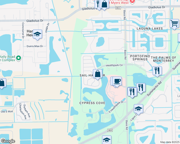 map of restaurants, bars, coffee shops, grocery stores, and more near 9810 Healthpark Circle in Fort Myers