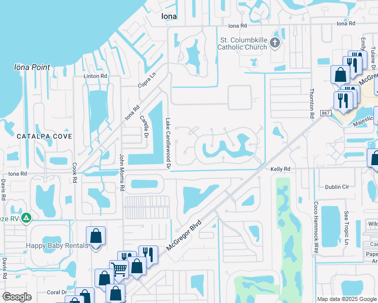 map of restaurants, bars, coffee shops, grocery stores, and more near 15893 Gleneagle Court in Fort Myers