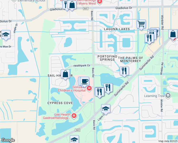 map of restaurants, bars, coffee shops, grocery stores, and more near 15901 Bass Rd in Fort Myers
