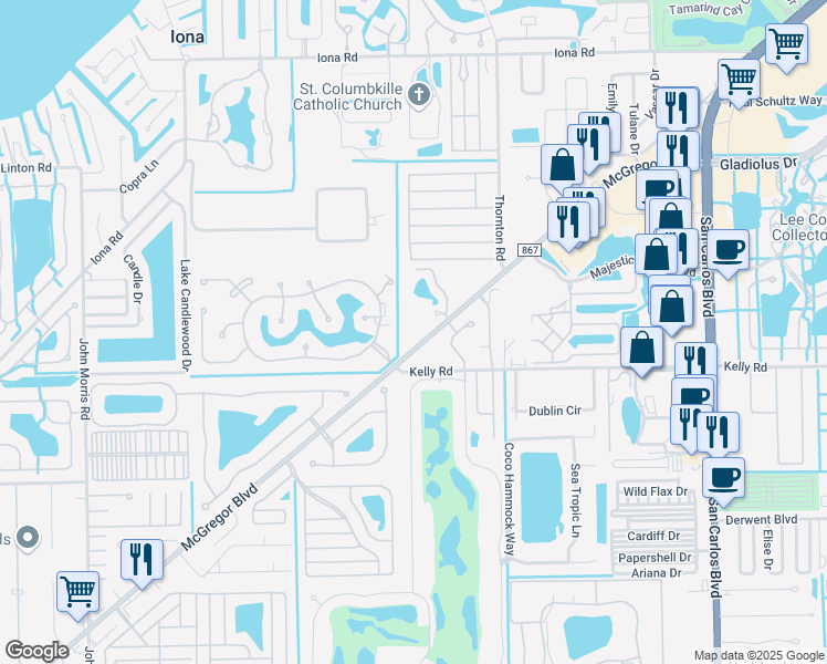map of restaurants, bars, coffee shops, grocery stores, and more near 15975 McGregor Boulevard in Fort Myers