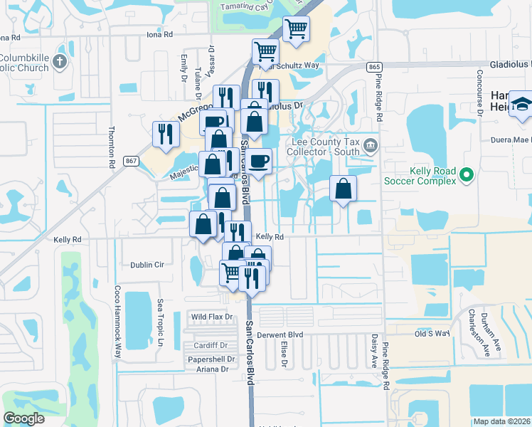 map of restaurants, bars, coffee shops, grocery stores, and more near in Fort Myers