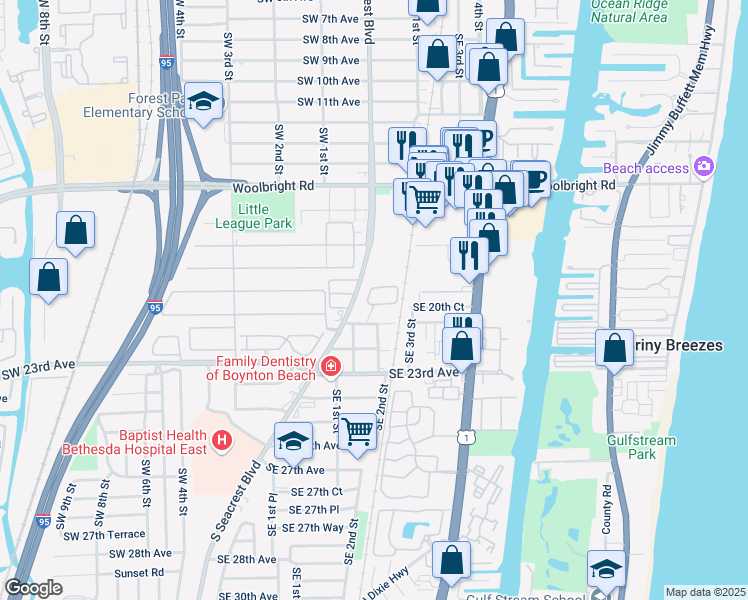 map of restaurants, bars, coffee shops, grocery stores, and more near 2180 Southeast 1st Street in Boynton Beach