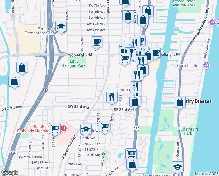 map of restaurants, bars, coffee shops, grocery stores, and more near 2180 Southeast 1st Street in Boynton Beach