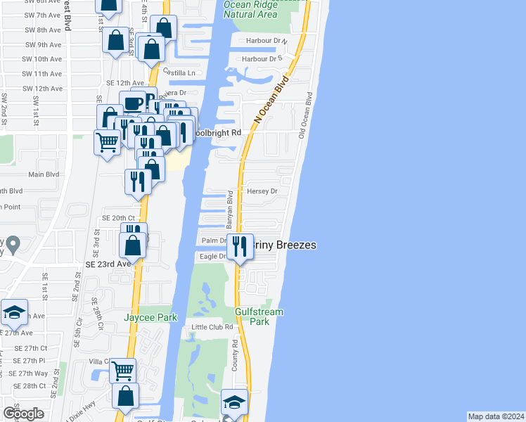 map of restaurants, bars, coffee shops, grocery stores, and more near Tropical Drive in Ocean Ridge