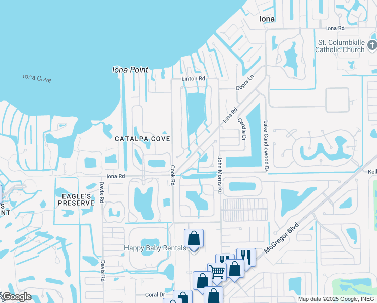 map of restaurants, bars, coffee shops, grocery stores, and more near 15815 Caloosa Creek Circle in Fort Myers